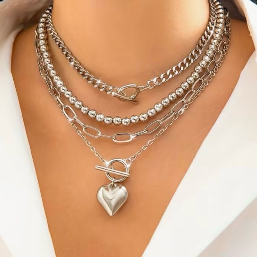 🩶 NEW Silver Plated Four Layered Heart & Lock Retro Necklace 🩶
